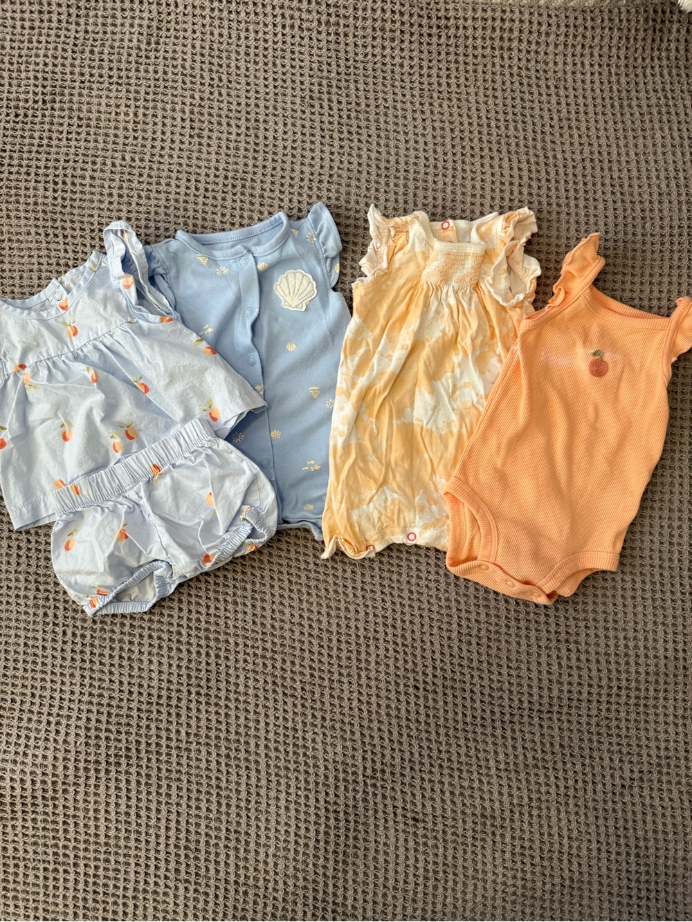 Carters + Burts Bees Baby Girl Bundle  0-3mo, Peach + Light Blue Outfits